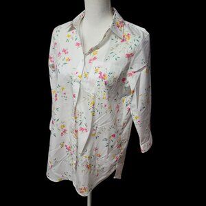 Lands End No Iron Supima Cotton Floral Button Down Shirt Womens Size 6‎ White